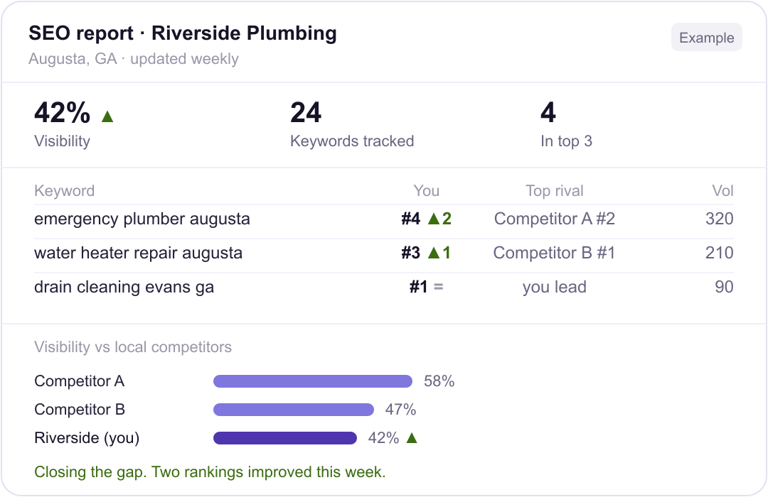 An example Creo SEO report tracking your rankings against local competitors