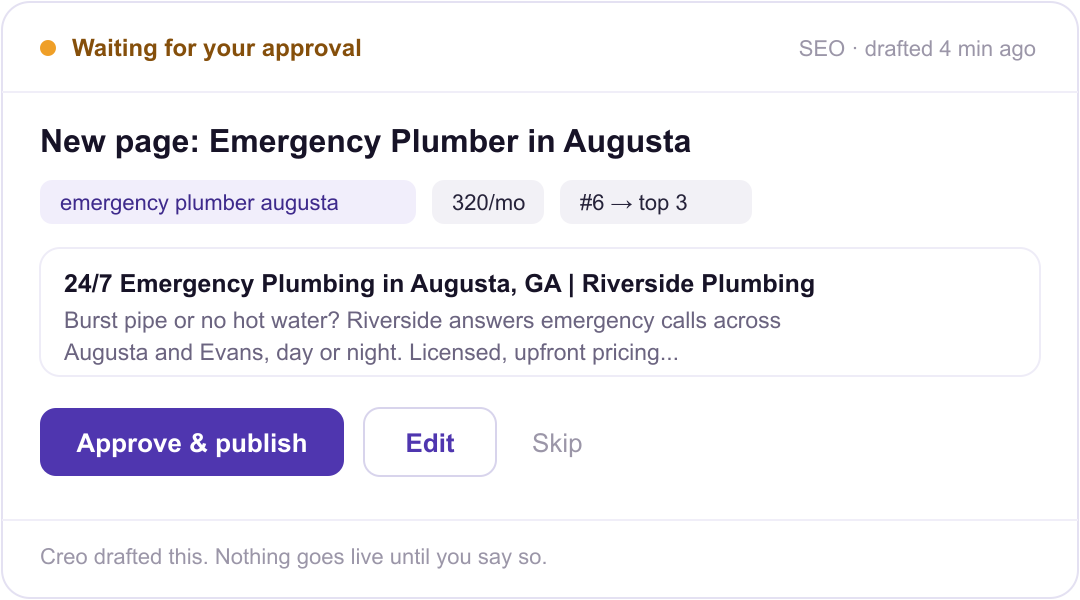 A Creo SEO page waiting for the owner's approval before it publishes